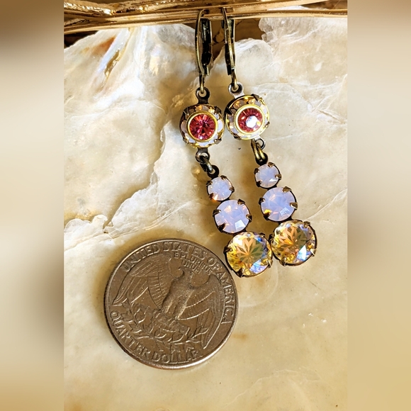 Pink Swarovski Crystal Flower Drop Dangle Earrings In Brass - Picture 6 of 6